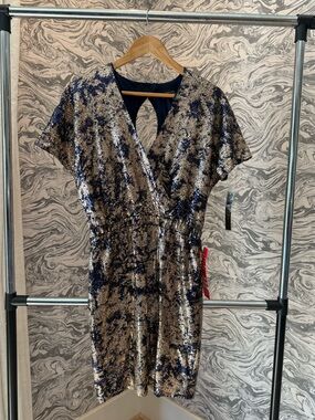 Tahari Navy and Gold Sequin Wrap Mini Dress